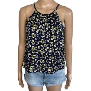 Papaya Blue & Yellow Floral High Neck Keyhole Back Cropped Sleeveless Tank Top